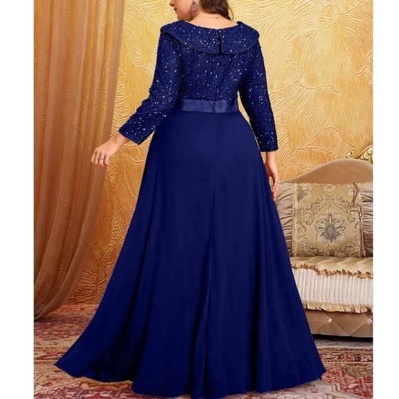 Plus Sequin V neck Party Evening Formal Wedding Flowy Dress - Picture 9 of 11